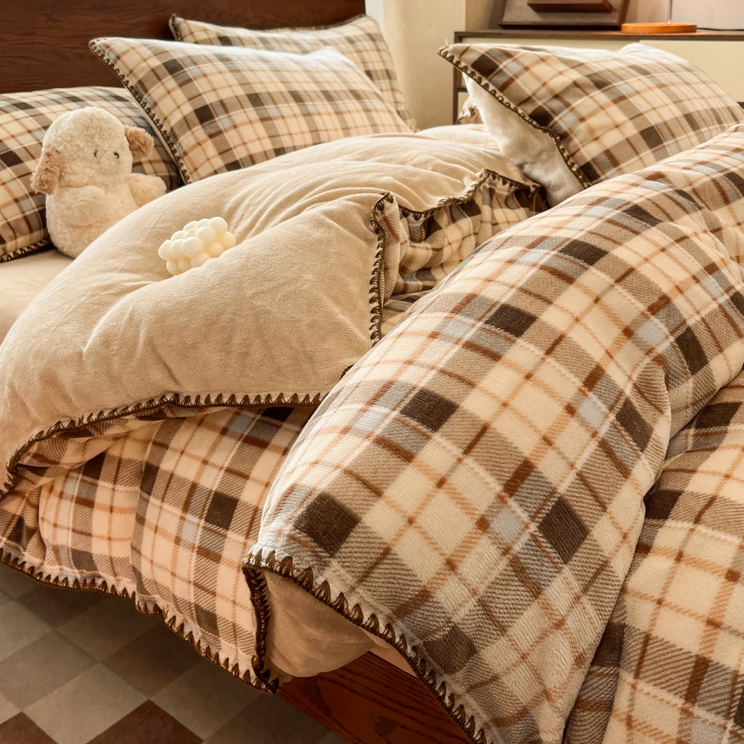 2025新款秋冬休闲风牛奶绒双面绒加绒加厚毛绒绒被床上四件套