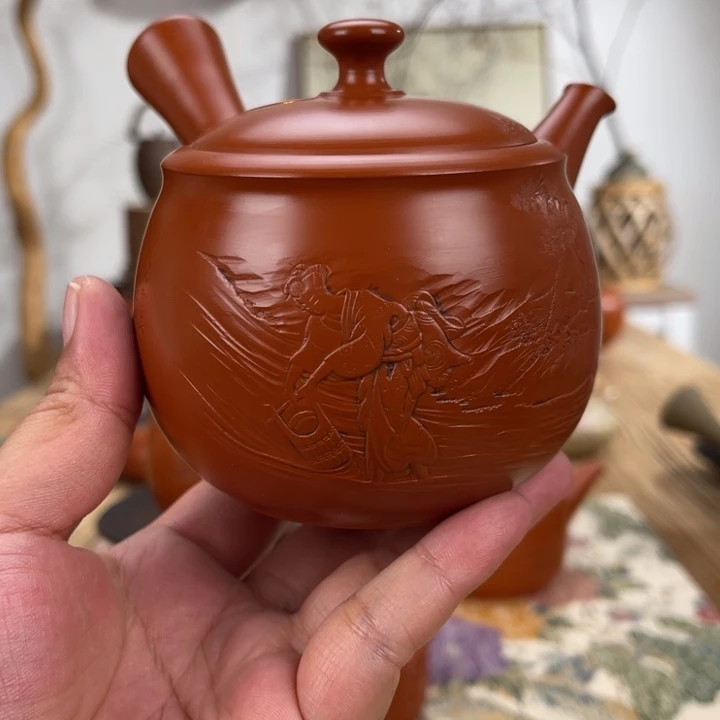 庆***3常滑观阳手作白道雕刻茶壶