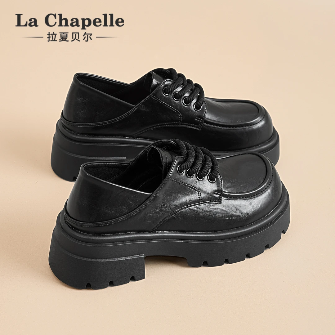拉夏贝尔秋季新款复古英伦风jk小皮鞋女系带厚底增高休闲百搭单鞋