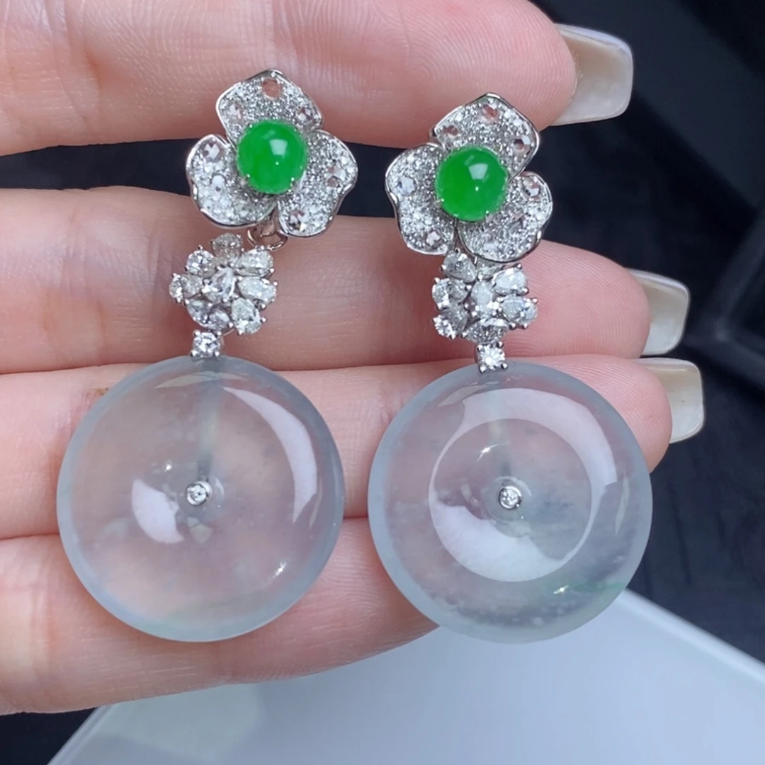 翡翠18K金镶嵌耳饰玻璃冰平安扣耳环吊坠多用款