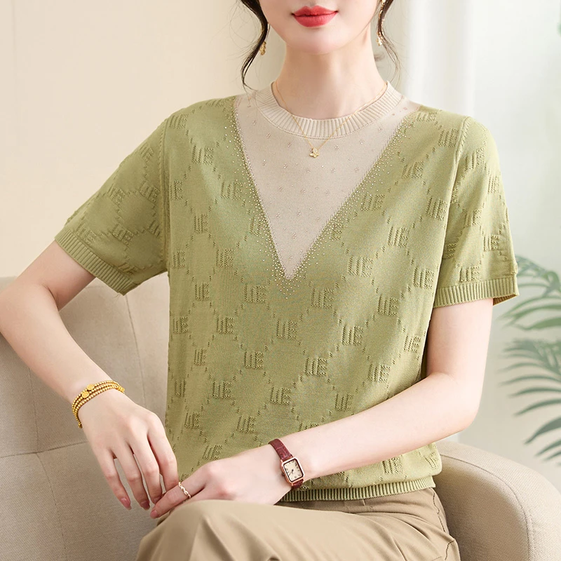 短袖T恤女新款假两件V领时尚大码女装夏季薄款冰丝针织衫上衣2551