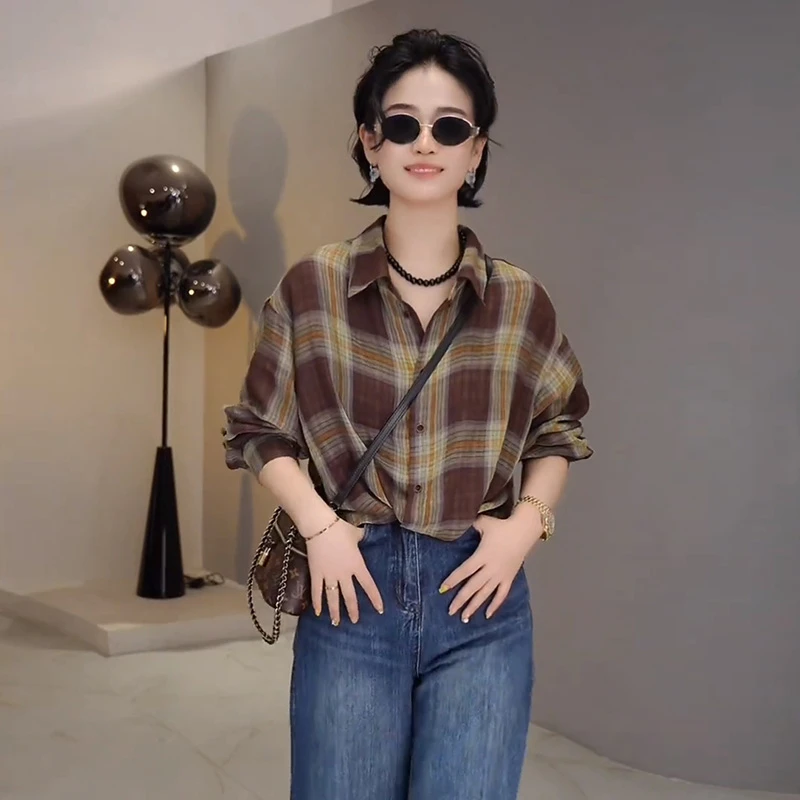 复古格子长袖衬衫女士春季韩版薄款单排扣防晒衫衬衣宽松百搭上衣