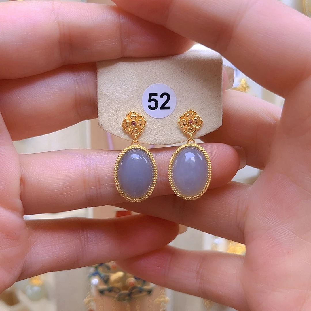 和田玉银S925镀金镶嵌耳饰