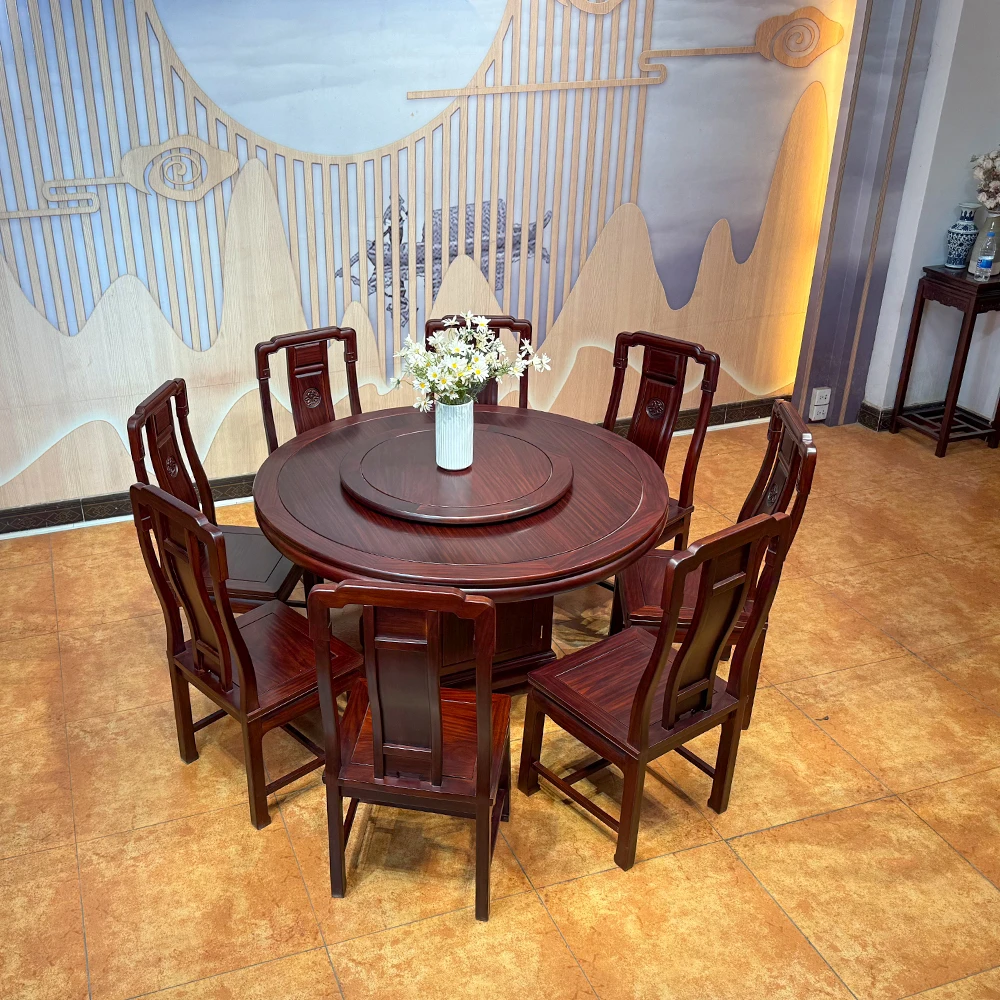 古典通板素面圆台餐桌餐桌椅靠背椅桌子中式新中式榫卯结构全实木