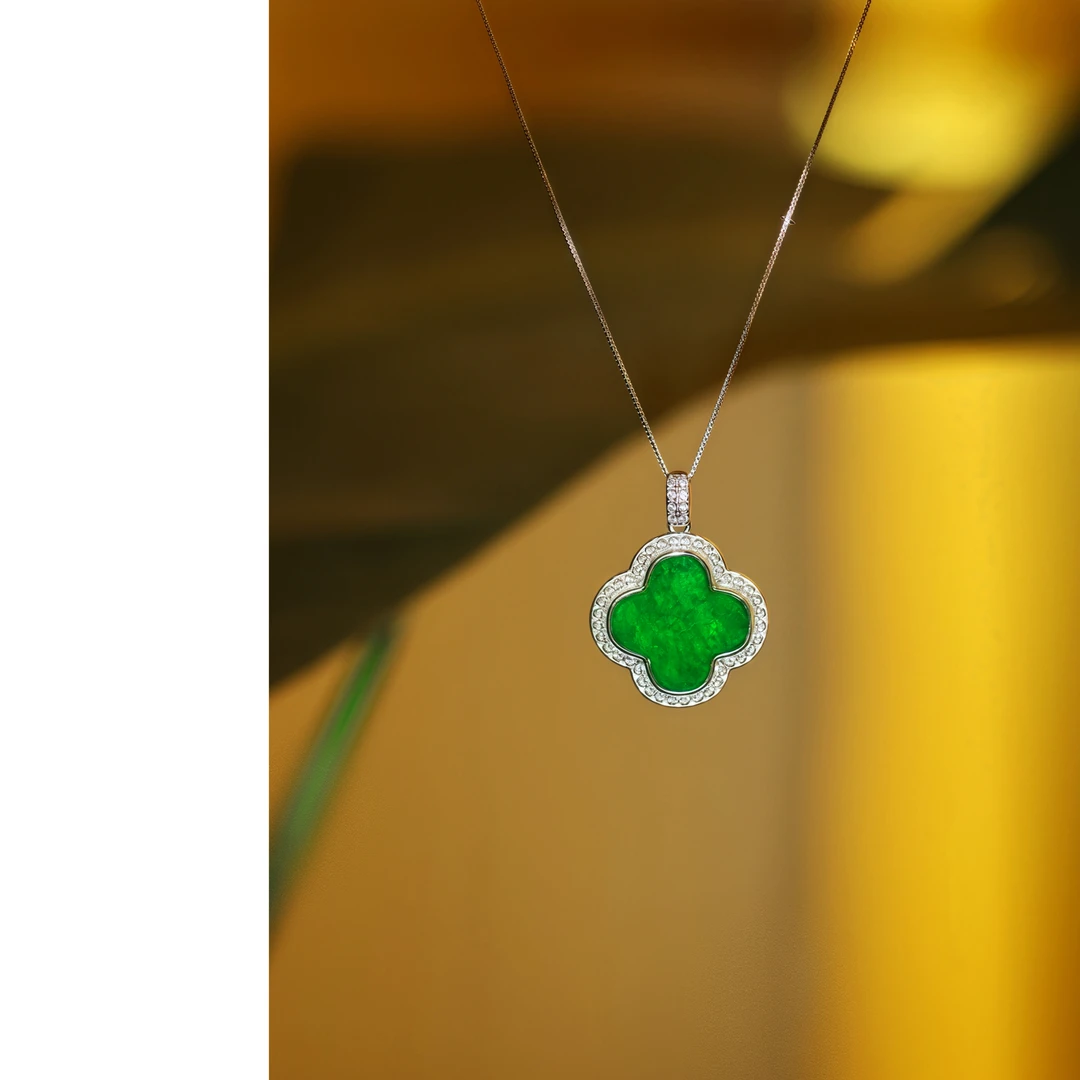 高级定制新款天然A货翡翠满绿四叶草吊坠大气百搭款JJCYX0326005