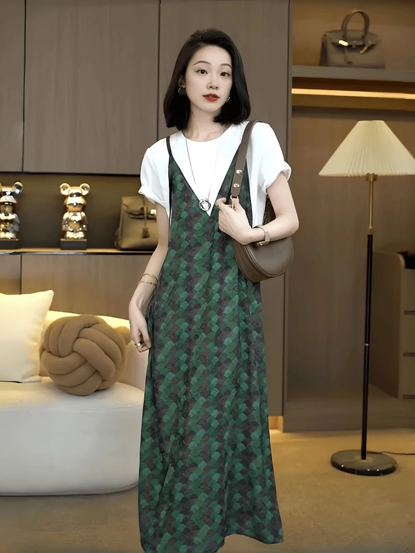 时尚假两件短袖连衣裙显瘦撞色拼接休闲中长裙子D0720