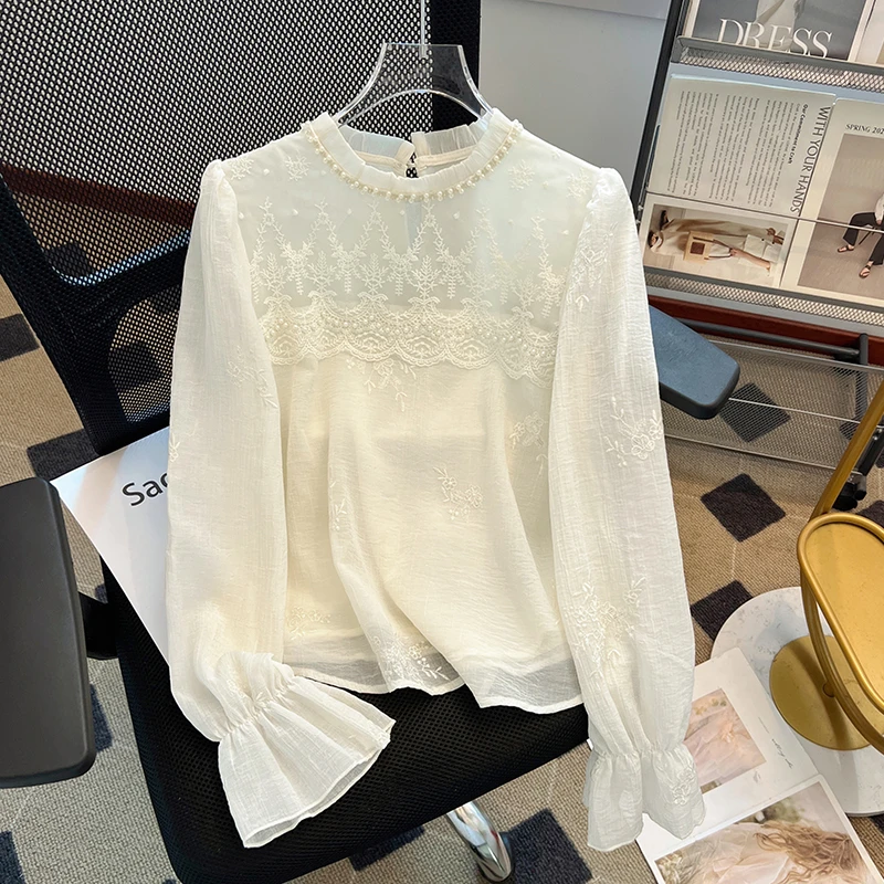 2025春季新款长袖减龄荷叶边拼接钉珠衬衫女法式气质宽松显瘦上衣