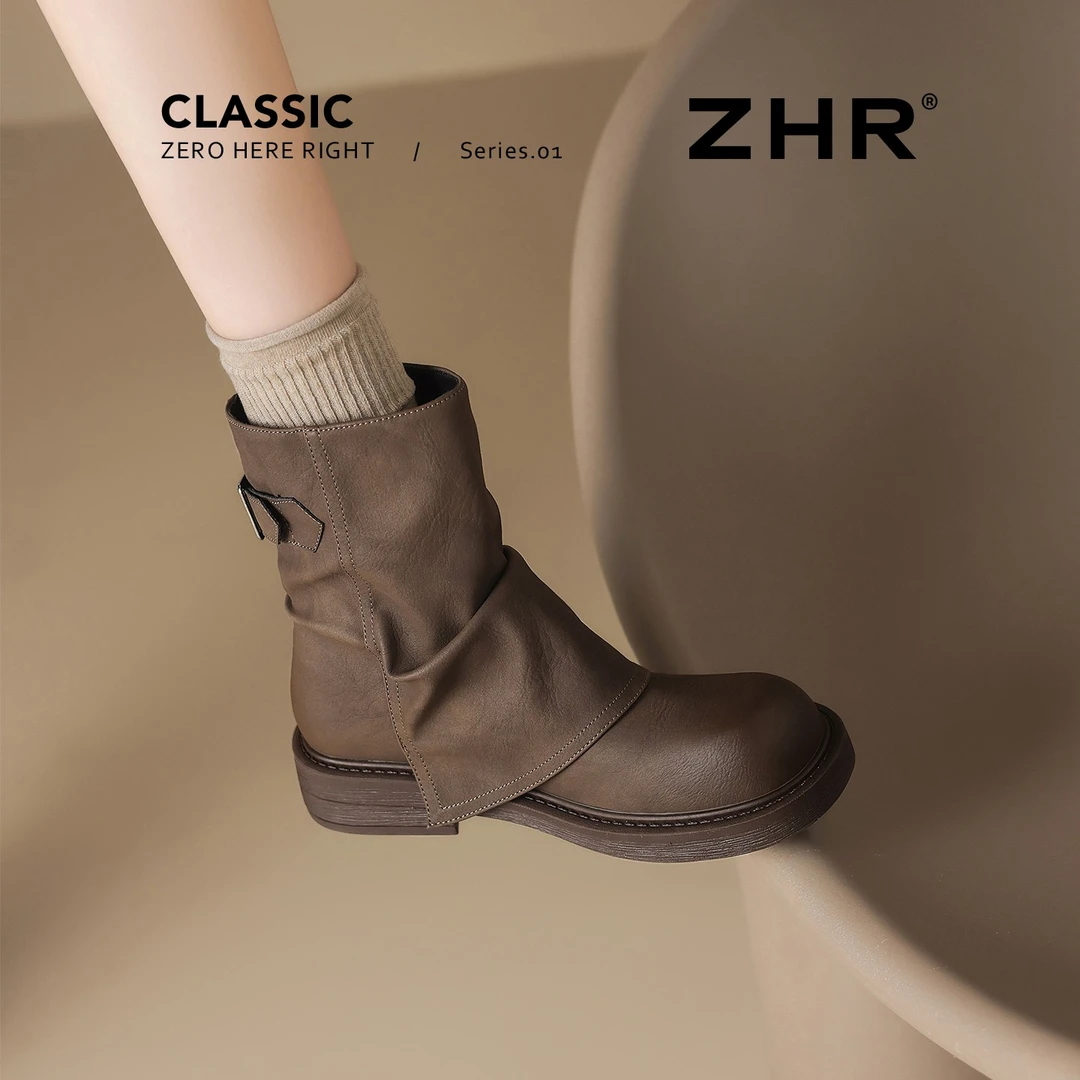 ZHR/则则厚底短靴女2025秋新款复古裤管堆堆靴美拉德英伦风马丁靴