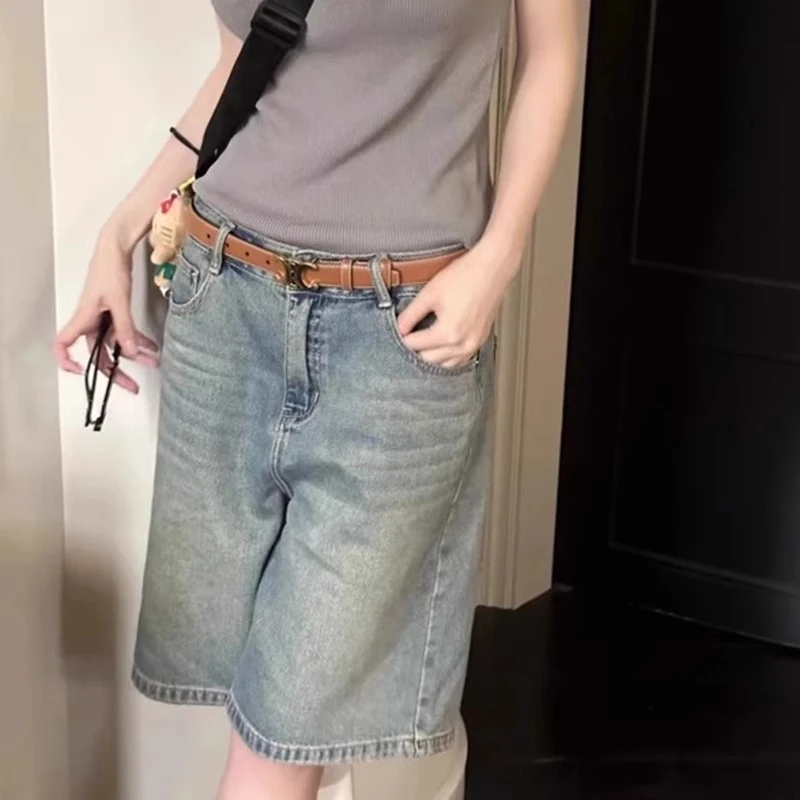 雪千羽怀旧五分牛仔短裤女2025夏季新款韩版高腰宽松直筒阔腿中裤