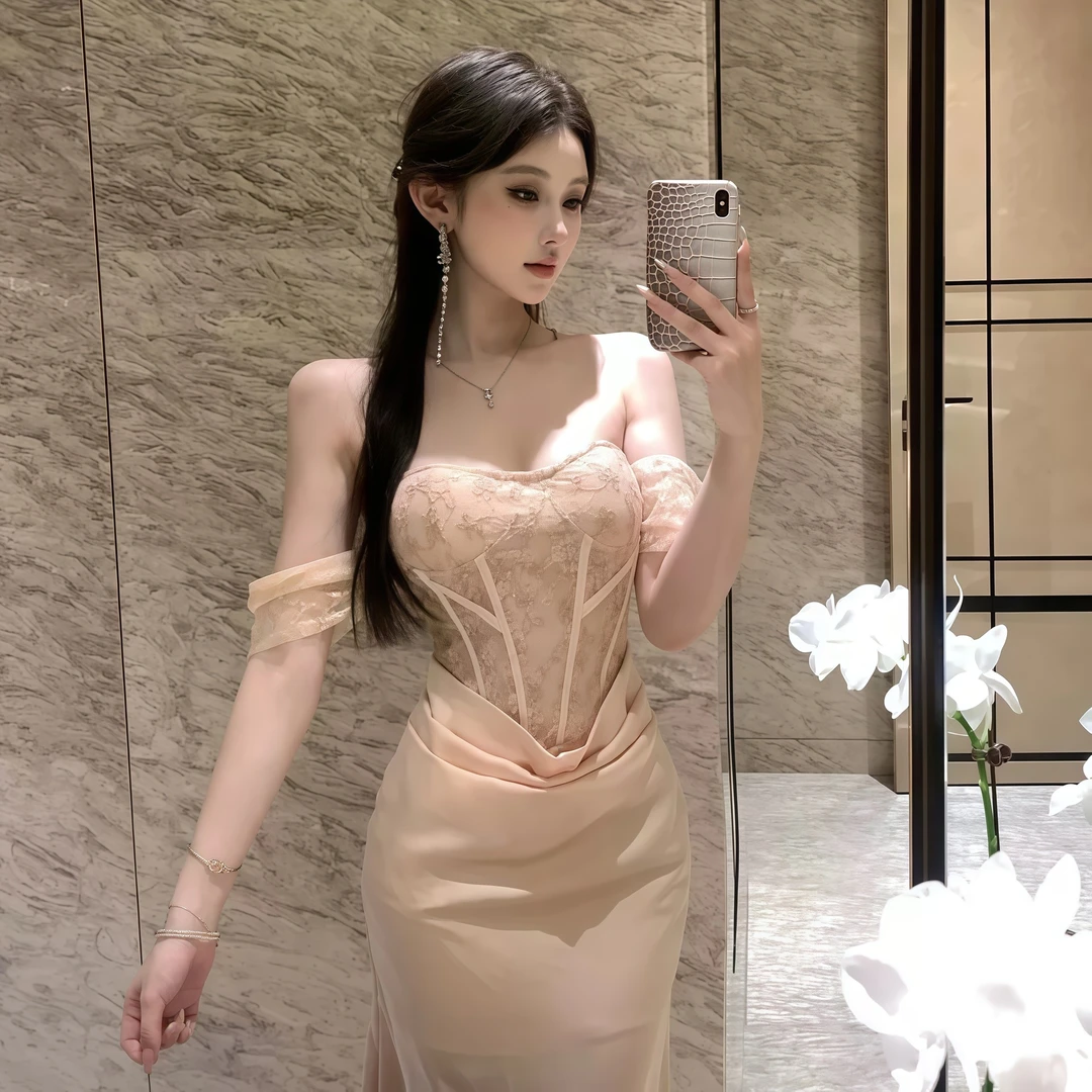 法式高级感一字肩蕾丝鱼骨束腰连衣裙女性感名媛宴会晚礼服长裙子