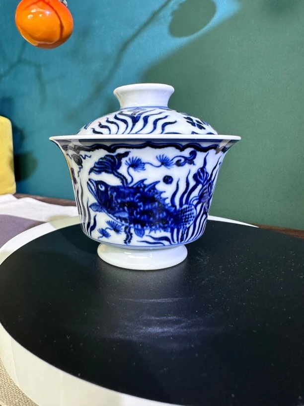 景德镇仿明纯手工手绘鱼藻纹盖碗，容量120CC
