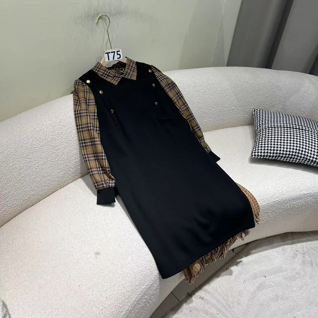 T75   春秋时尚气质翻领拼接格子假两件连衣裙