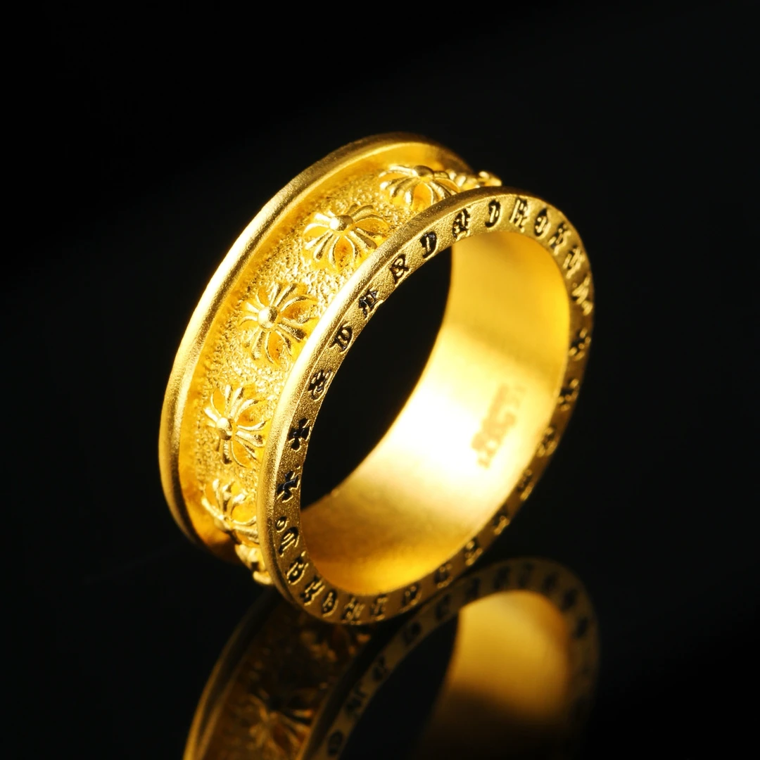 足金999男士时尚古法实心珐琅彩六字箴言鸢尾花十字架黄金戒指z