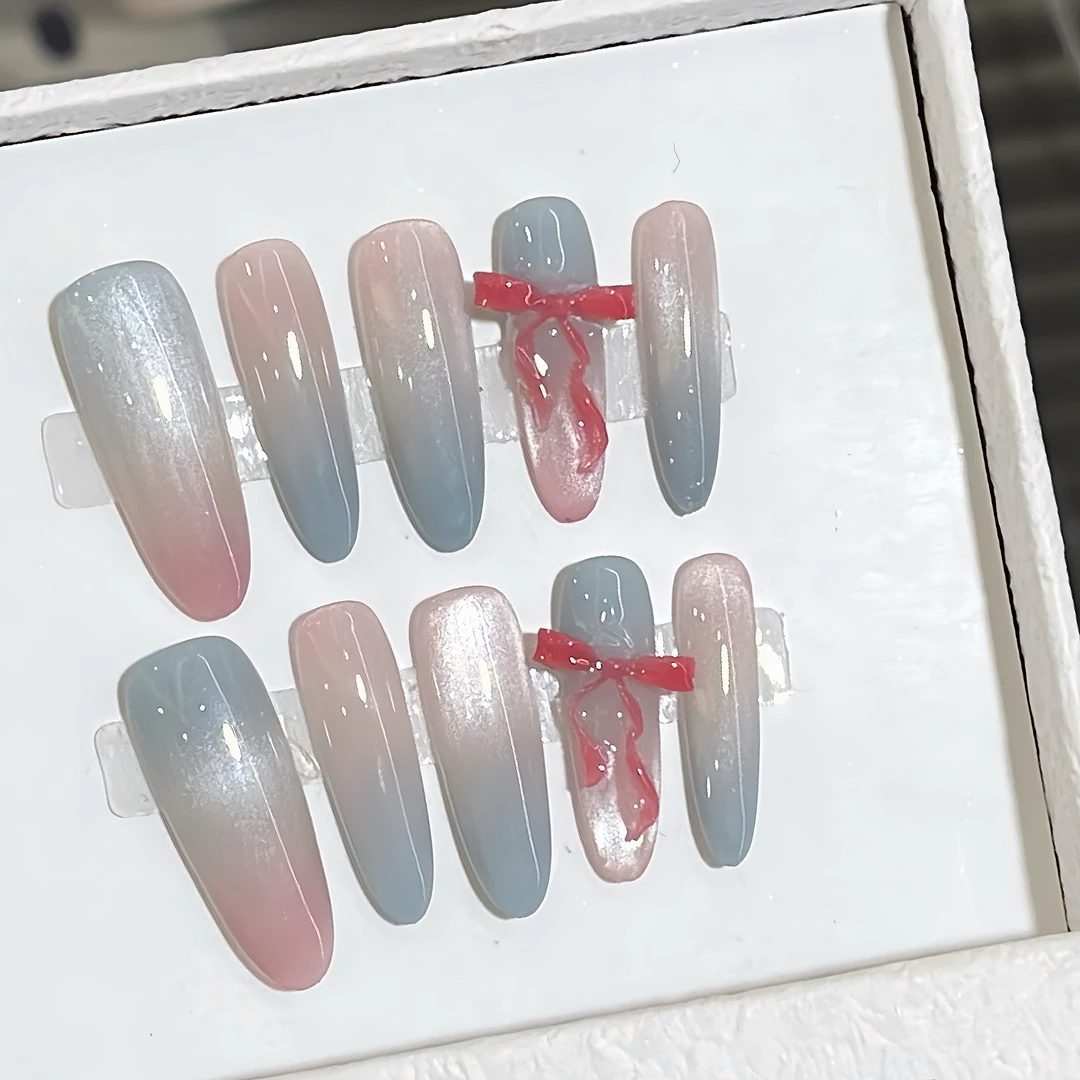 纯手工【冷雾】蝴蝶结少女心梦幻爆款情人节猫眼长款粉蓝色穿戴甲