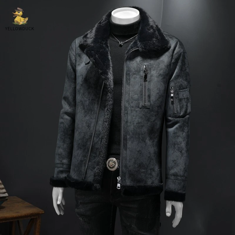 冬季男士大码外套保暖翻领休闲皮毛一体潮流个性防风加厚夹克