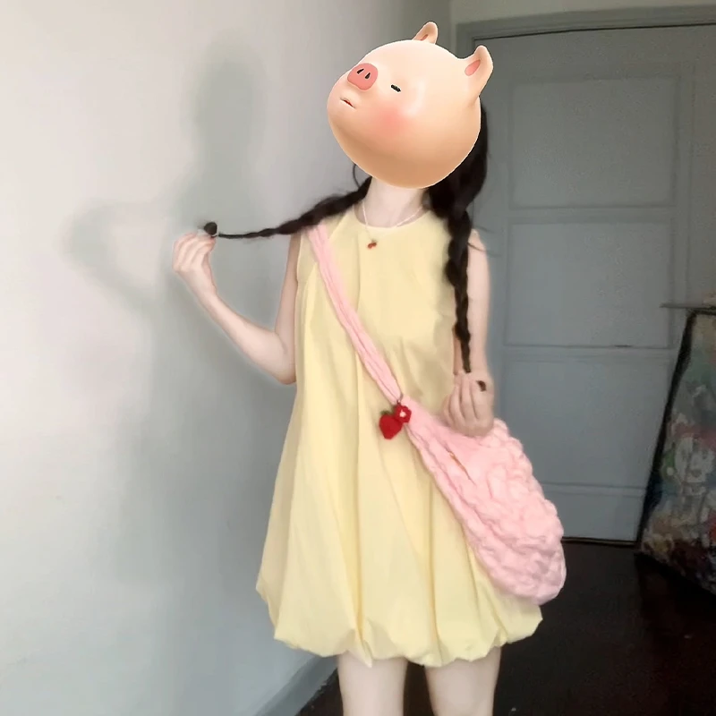 YM4309黄色无袖连衣裙子夏季女装气质花苞裙2025年新款女装小个子
