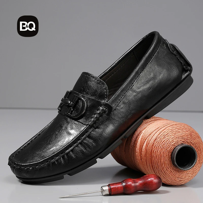 白小强夏季真皮男士豆豆鞋新款软底牛皮商务防滑开车鞋一脚蹬皮鞋