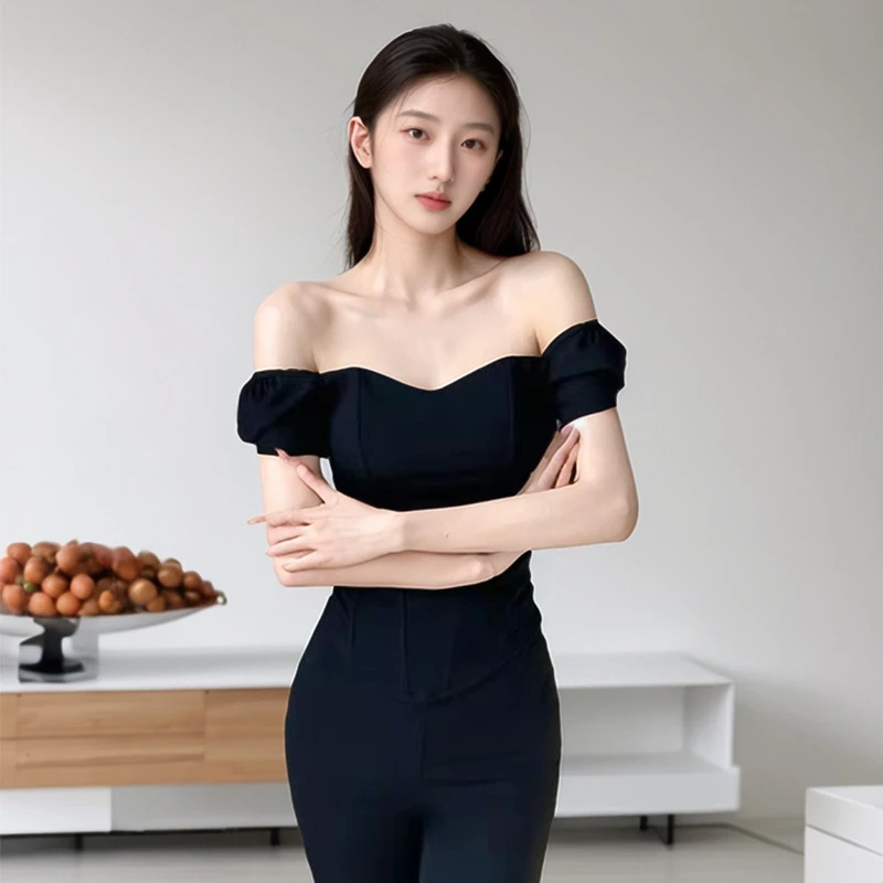 法式一字肩性感鱼骨夏季抹胸修身背心显瘦设计感内搭黑色上衣女