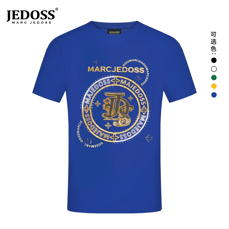 JEDOSS/爵迪斯2025夏季新款潮牌男装LOGO烫钻刺绣街头圆领T恤M014