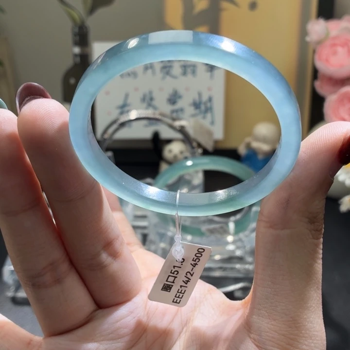 翡翠未镶嵌手镯纯净冰川蓝52