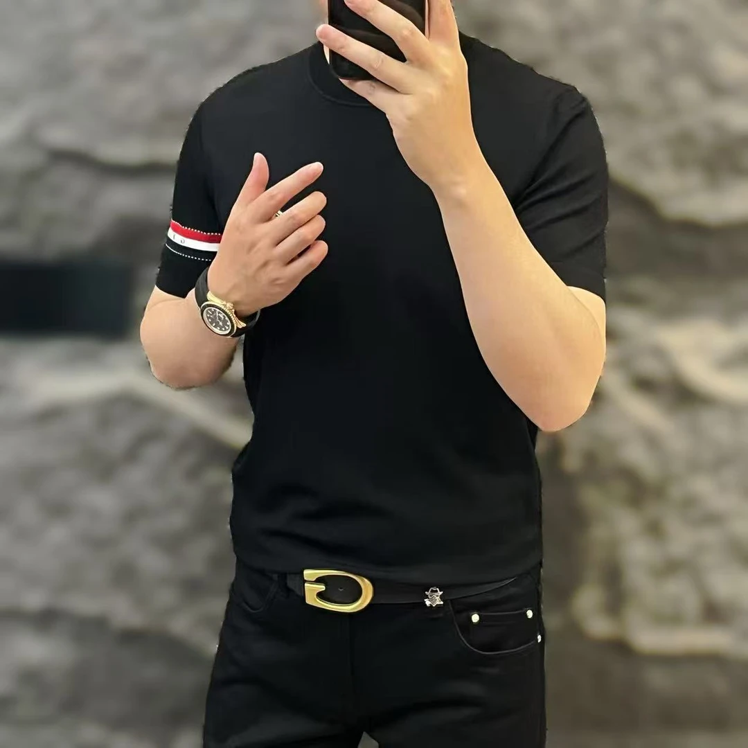 新款高端男士潮流百搭个性袖带休闲圆领针织T恤85552