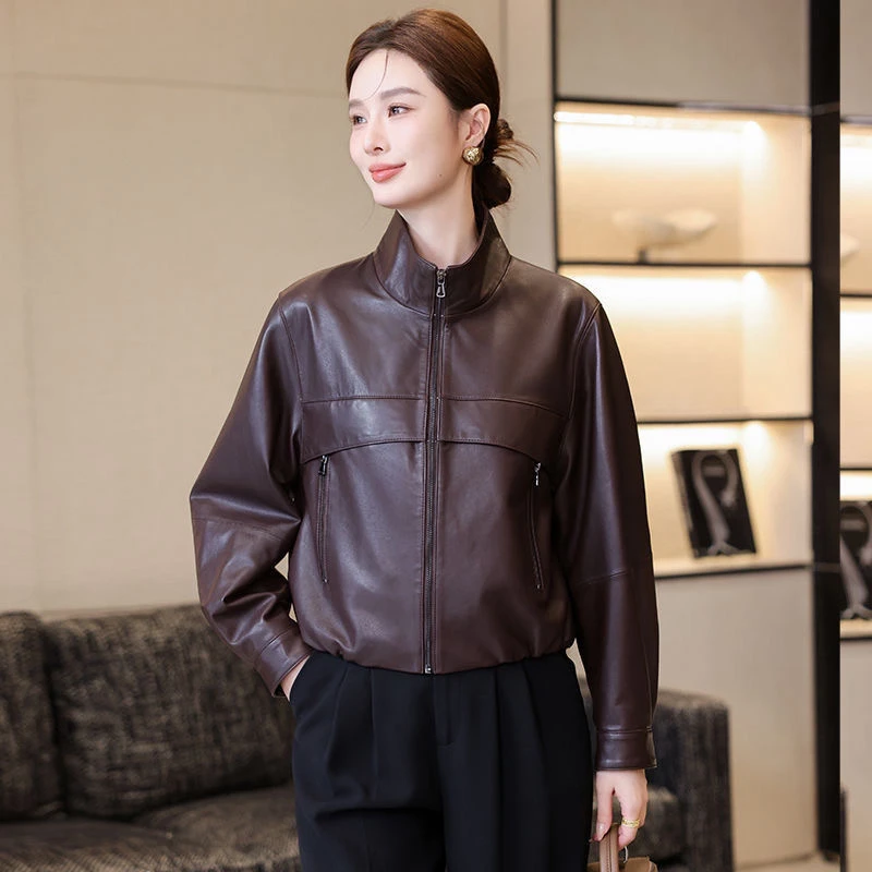 2025春季可爱宽松皮衣外套安格拉红力领短款夹克