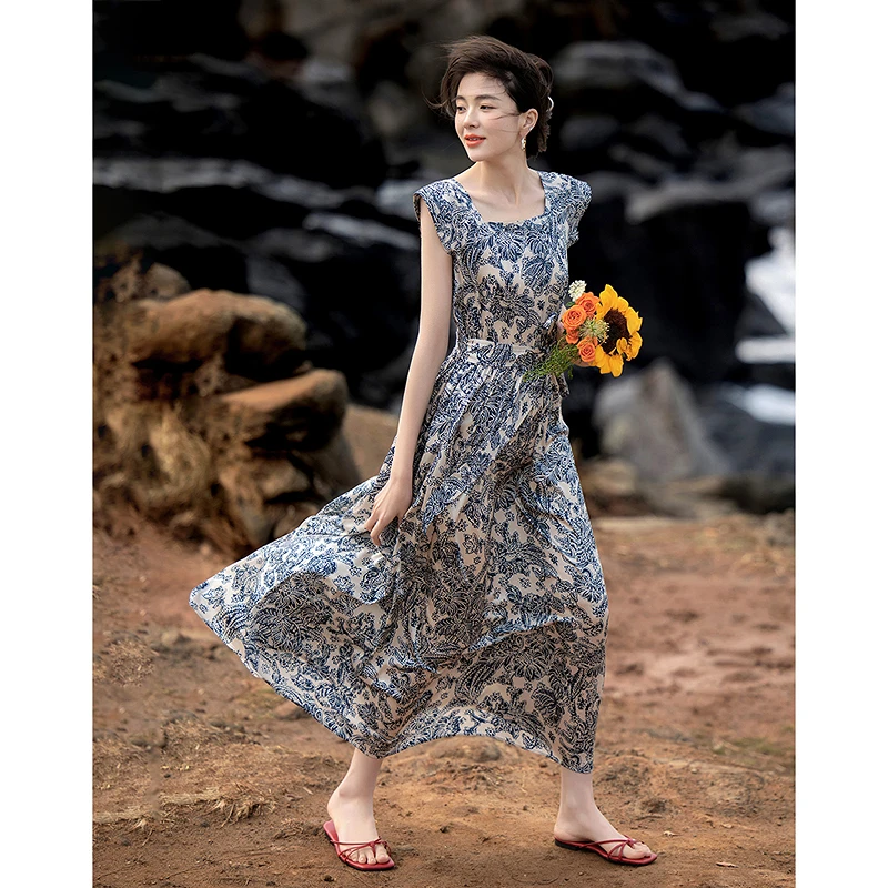 【云云精选】德·玛纳夏季新中式方领绑带飞袖收腰印花连衣裙