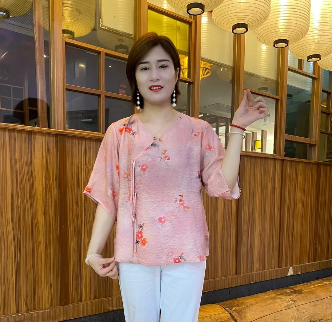 夏季新款V领植物花卉中袖中国风休闲民族风百搭透气洋气小衫