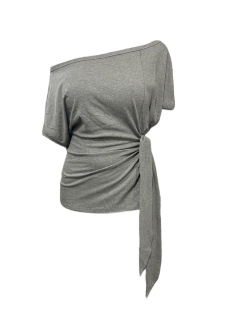 【Amy家】微胖mm韩系chic露肩短袖T恤女夏季设计感绑带收腰斜肩上衣