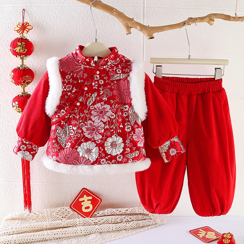 女童拜年服中国风唐装套装加绒加厚冬季宝宝新年红色生日宴抓周服