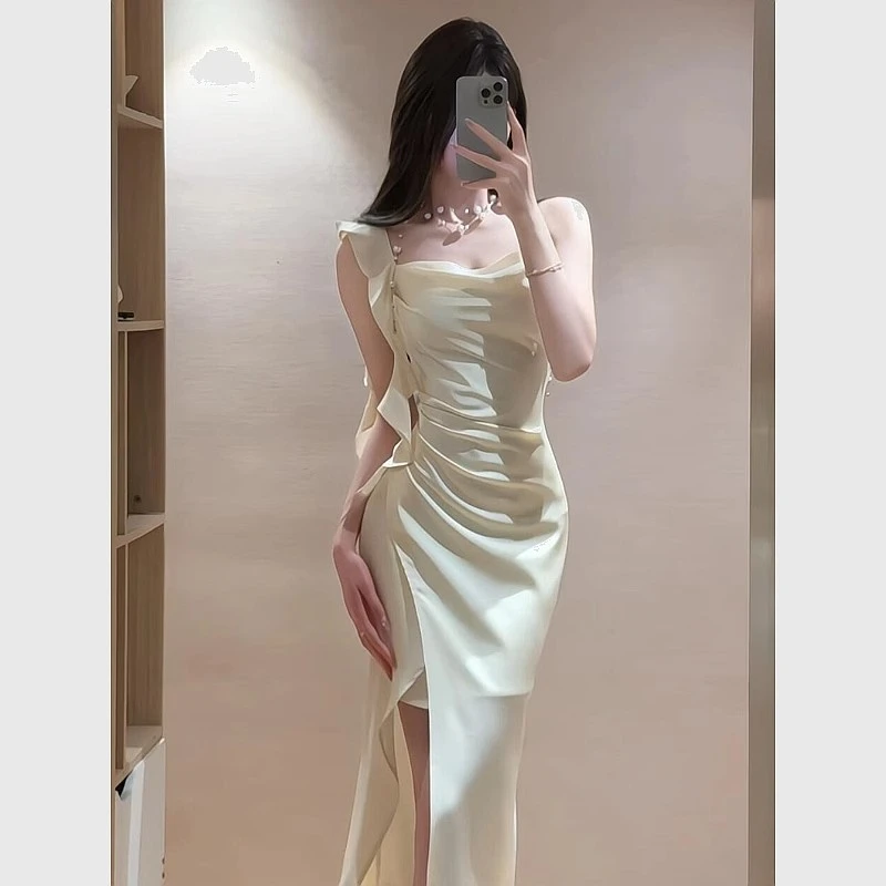 春夏韩版新款时尚设计感时尚简约无袖女气质连衣裙飘带吊带中长裙