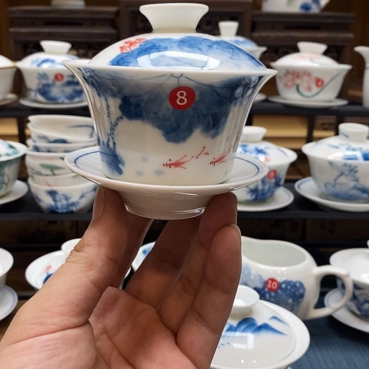 手绘茶具荷花盖碗