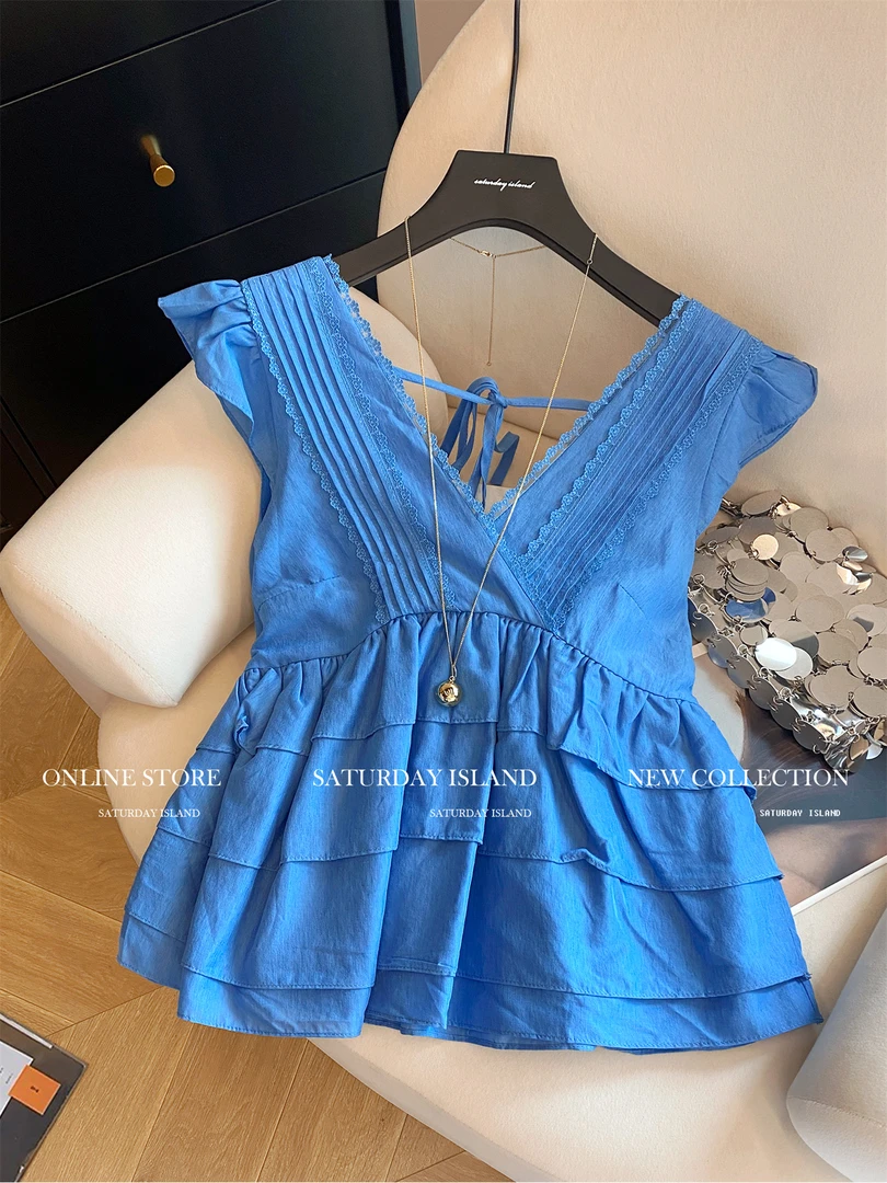 设计感蕾丝荷叶花边V领拼接衬衫女2025夏新款小飞袖甜美减龄上衣