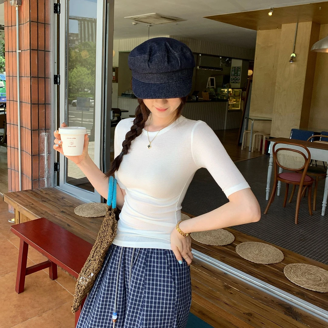 ins风慕斯羊绒感圆领五分袖t恤气质修身正肩上衣打底衫女T90072