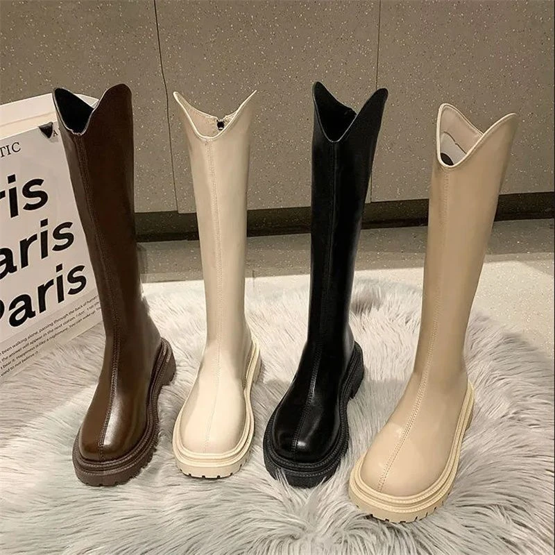 棕色舒适高跟显高加绒V口长靴女新款长筒靴马丁靴百搭靴高帮靴子