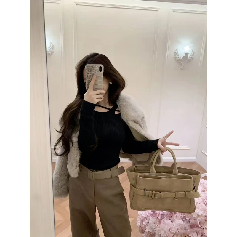 韩系设计感气质辣妹修身长袖休闲秋冬外套高腰时尚阔腿长裤套装女