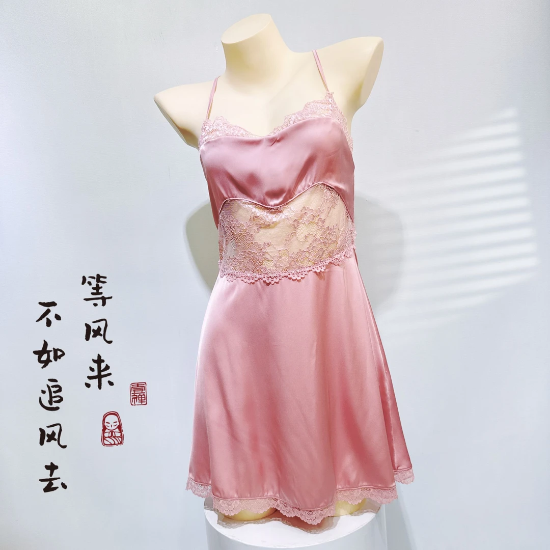 纯欲风蕾丝吊带睡裙女夏季薄款性感露背冰丝无袖花边睡衣不带胸垫