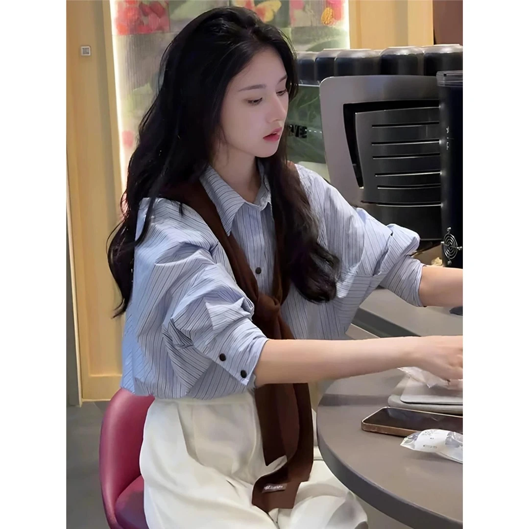 职业阿玛诗官方2025秋季新款Polo领条纹长袖衬衫女洋气减龄衬衣