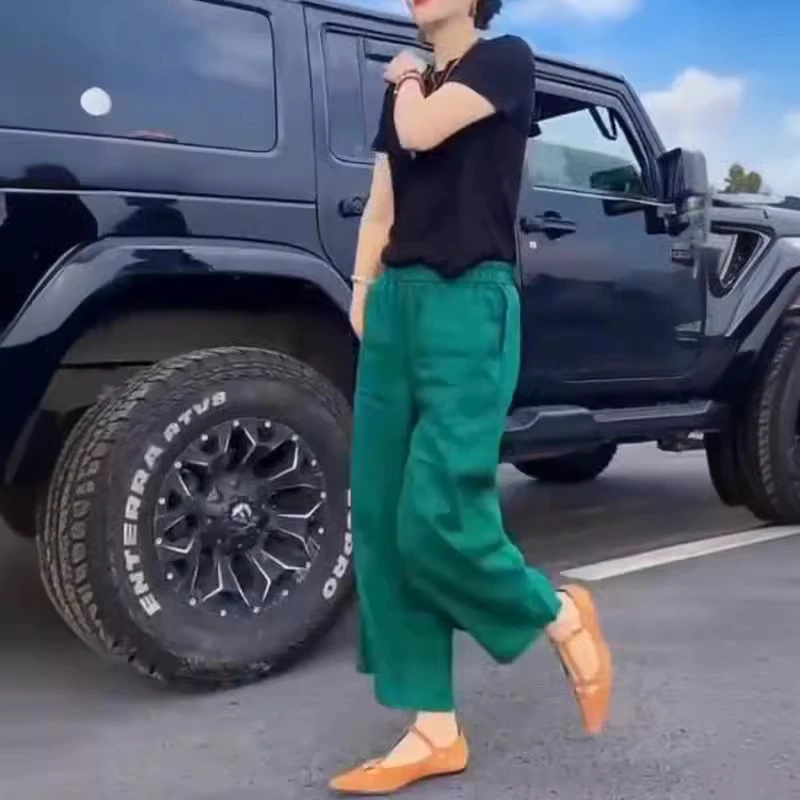 24332喜迎2025春季新款时尚纯色圆领T恤高腰休闲直筒裤女装