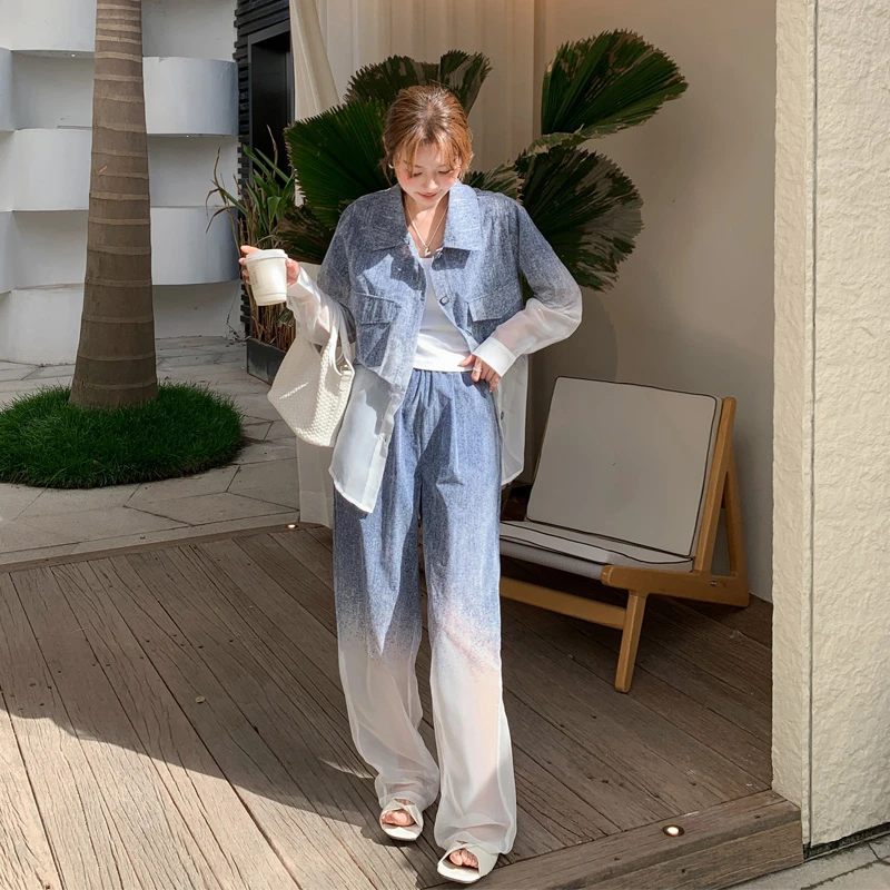 渐变晕染防晒衬衫阔腿裤2025早秋新款韩系ins风薄款显瘦休闲套装