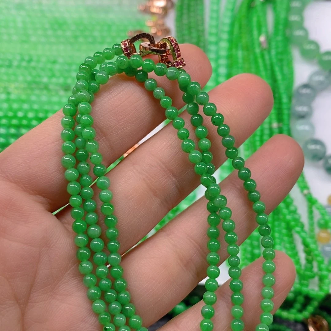 翡翠颈饰未镶嵌冰种阳绿小米珠项链3.7m' m