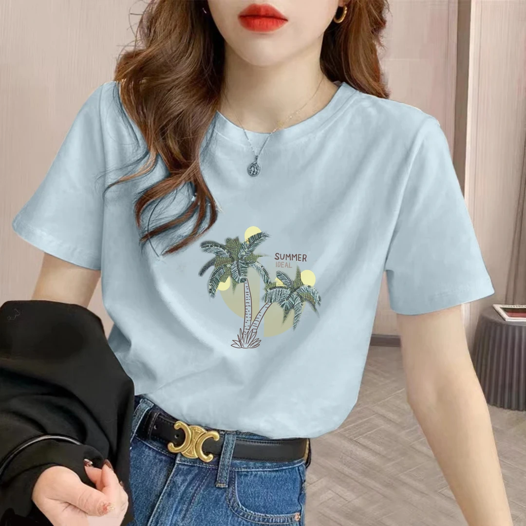 纯棉夏季新款刺绣椰树印花短袖显瘦微宽松时尚百搭修身上衣潮