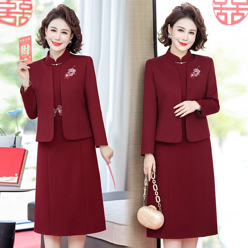 喜婆婆婚宴装秋款丈母娘结婚礼服女高贵红色两件套妈妈连衣裙春秋