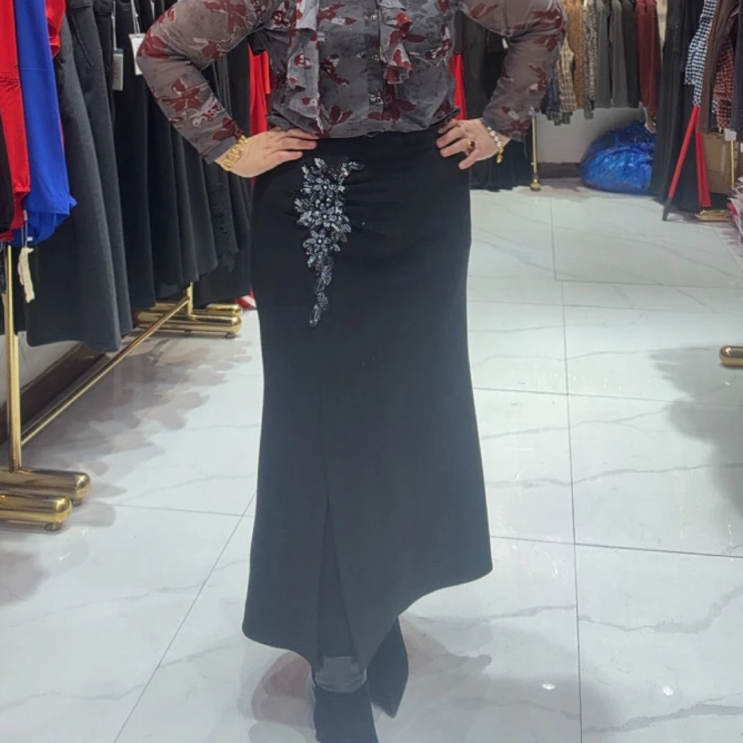 名媛风绣花复古高腰显瘦开叉中长款气质包臀半身裙