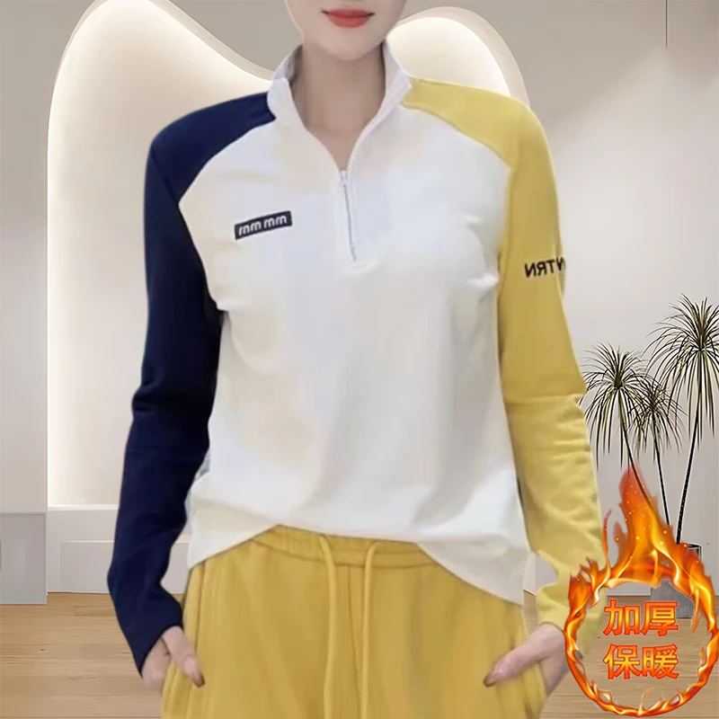 女装直播女装潮牌新款半拉链立领撞色拼接加厚保暖长袖打底衫女