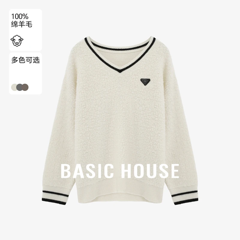 Basic House/百家好V领撞色绵羊毛百搭舒适毛针织衫B06245C0982