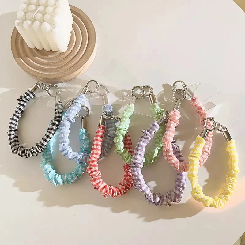 ins小众格子褶皱手环手机壳链条小清新防丢挂链腕带挂件通用