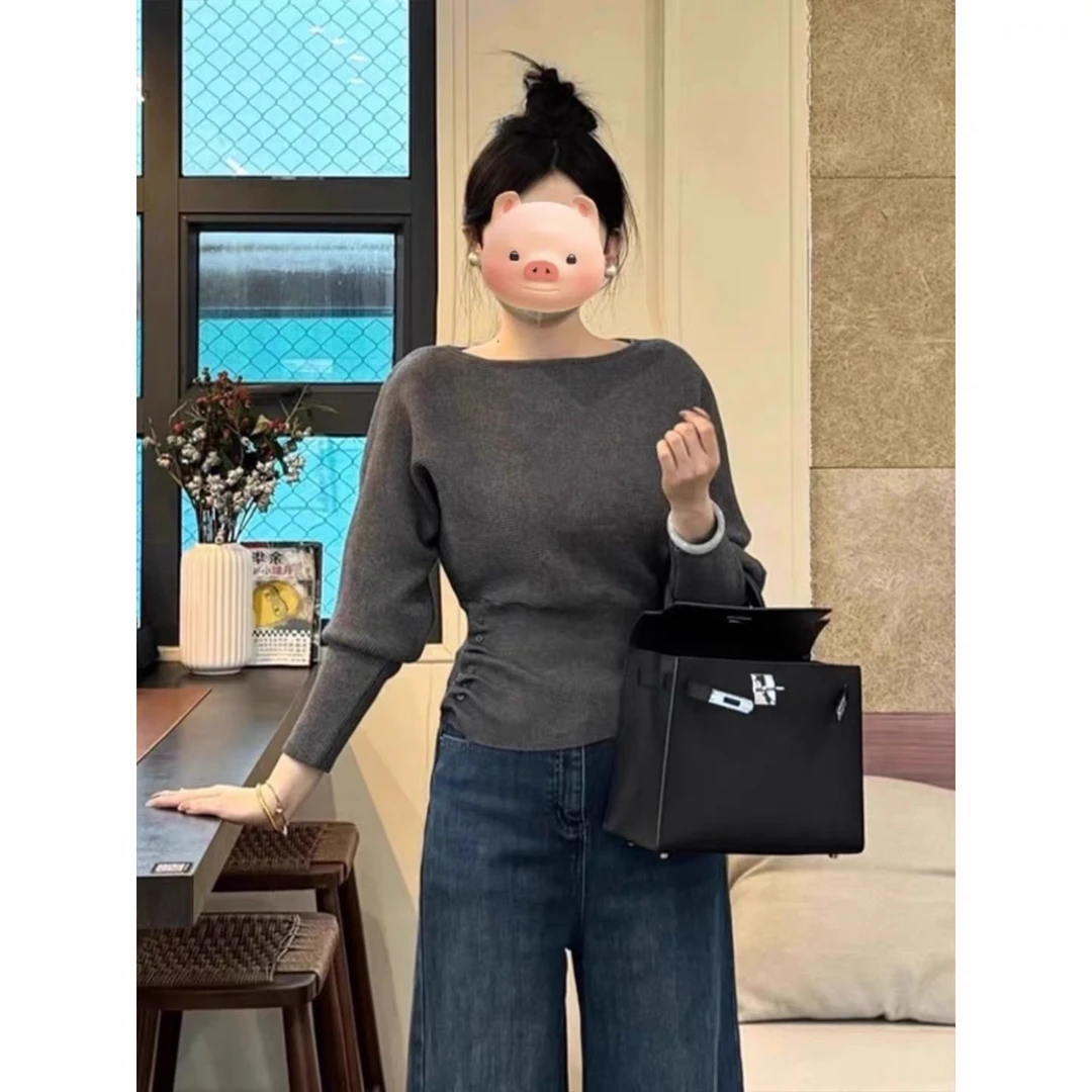 韩系掐腰一字肩毛衣针织衫女秋冬2025新款内搭设计感独特别致上衣