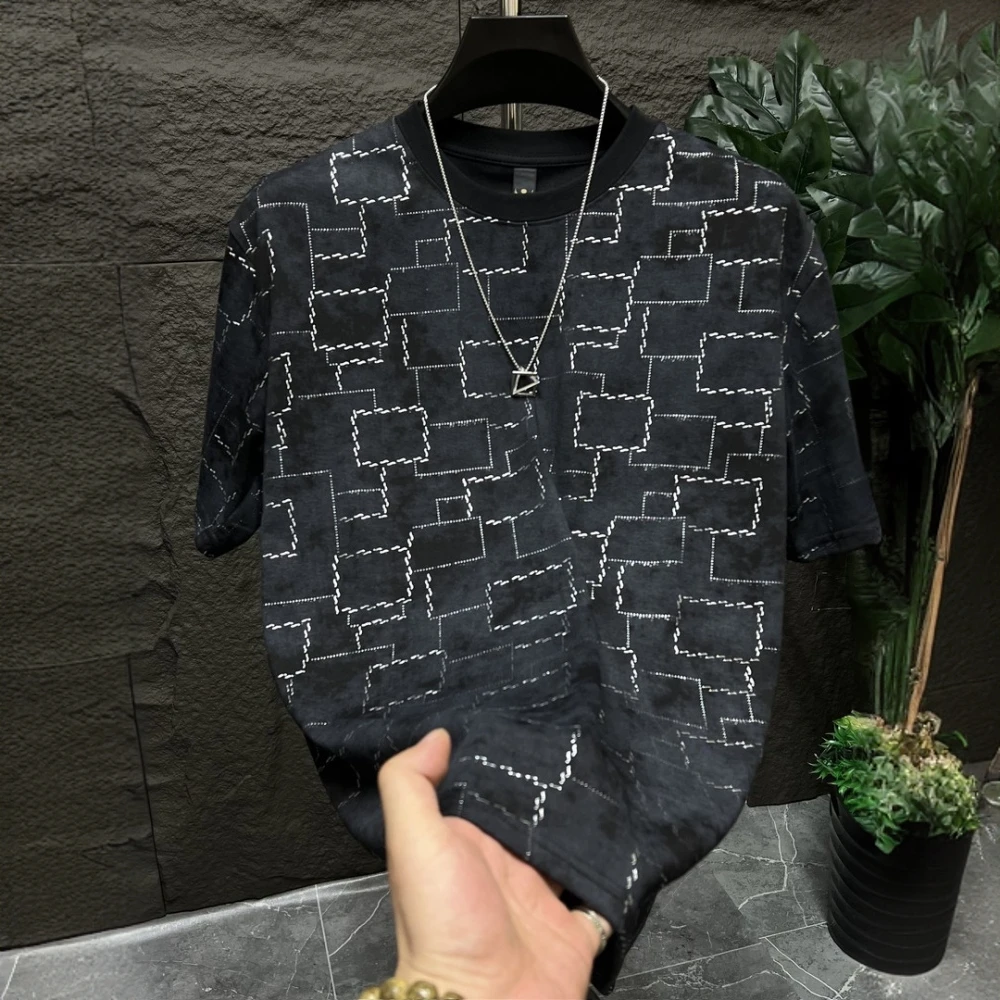 迪诺库克斯夏季高级男士短袖韩版洒金不规则格子圆领宽松休闲T恤