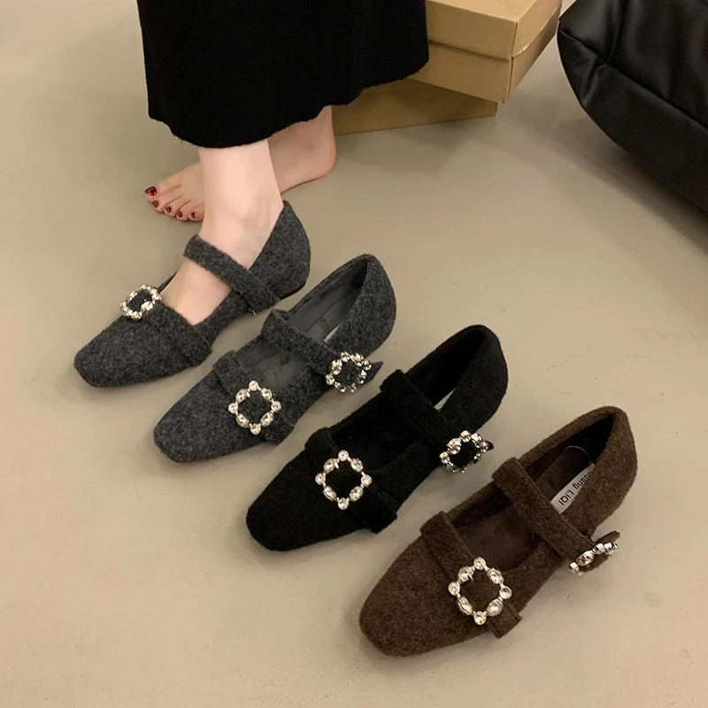 法式高跟灰色方头水钻单鞋女鞋子2025秋冬季加绒晚晚玛丽珍毛毛鞋